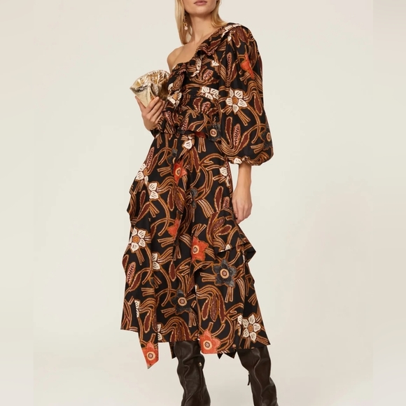 NWT ULLA JOHNSON MARIAM DRESS FLORAL MIDI ONE SHOULDER SILK SZIE  0 - Picture 1 of 16